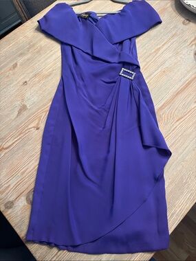 Off the Shoulder Purple Evening Wedding Guest Dress with Rhinestone Buckle